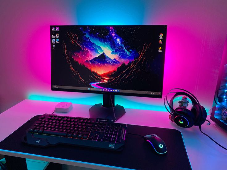 A modern neon-lit desk with gaming monitors showing performance profiling data